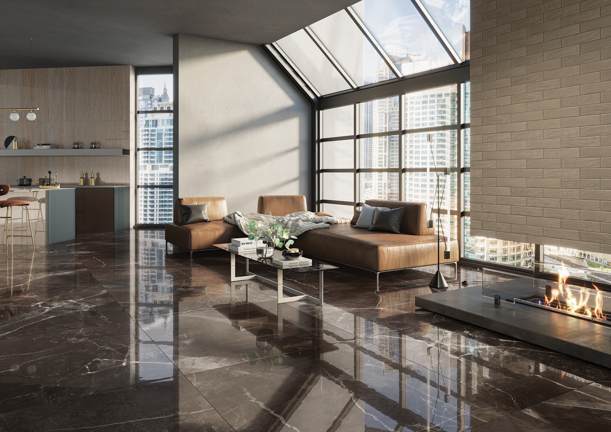 Amani Light Grey Polished Marble-Effect Porcelain Tile — room setting (Lifestyle)