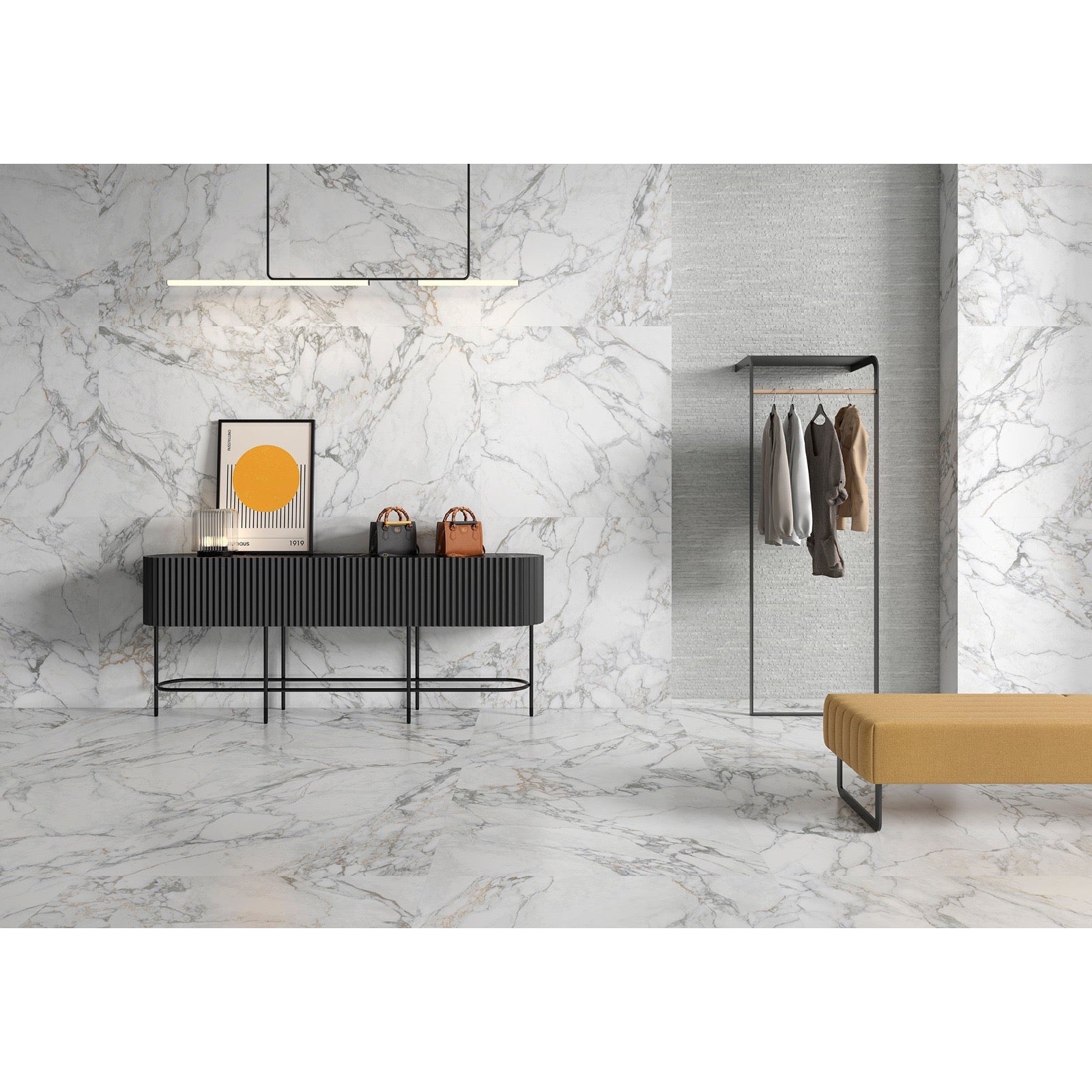Arabesque White Polished Marble-Effect Porcelain Tile