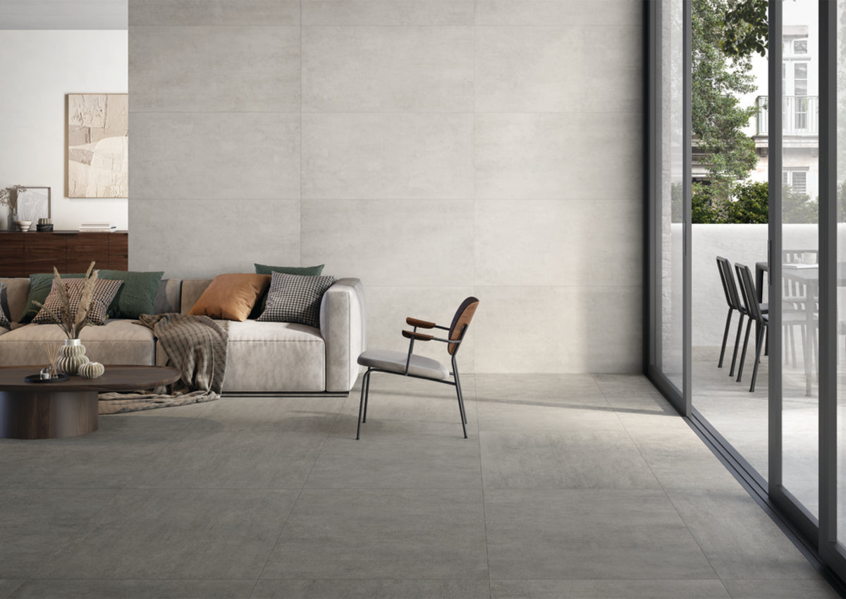 Contemporary living room with large-format porcelain flooring