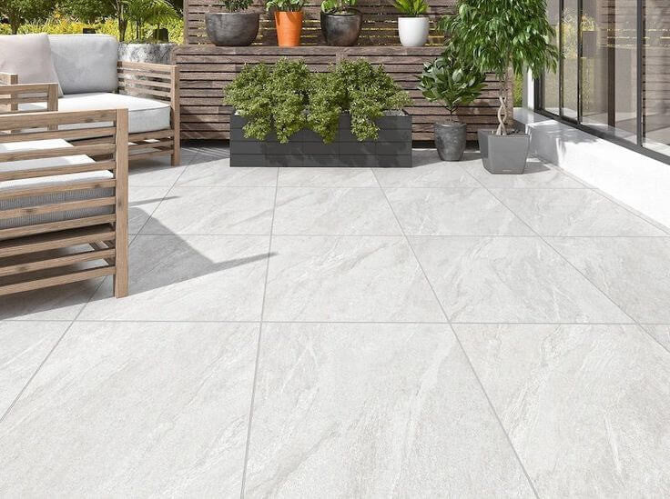 Close-up of white R11 anti-slip outdoor porcelain paving surface texture