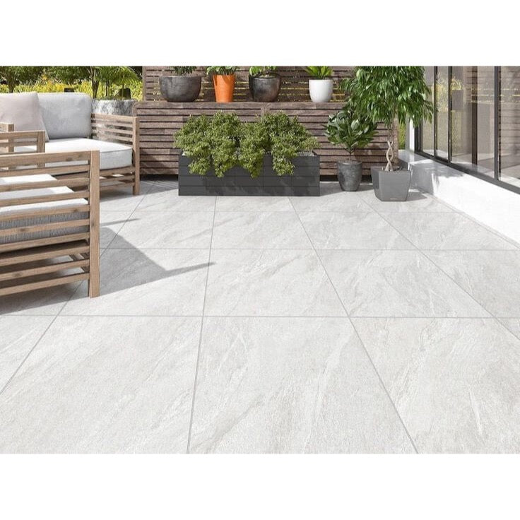 Close-up of white R11 anti-slip outdoor porcelain paving surface texture
