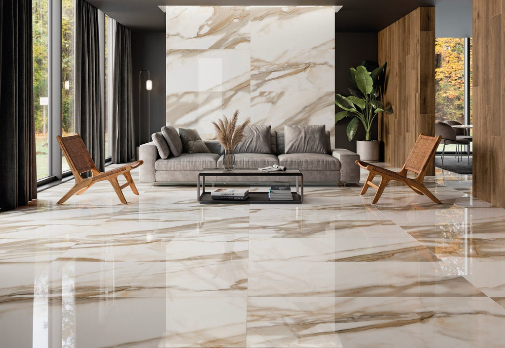 Calcatta Gold Polished Wall & Floor Tile 60x120cm used in luxury living room interior with feature wall and reflective marble-style flooring.