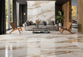 Calcatta Gold Polished Wall & Floor Tile 60x120cm used in luxury living room interior with feature wall and reflective marble-style flooring.
