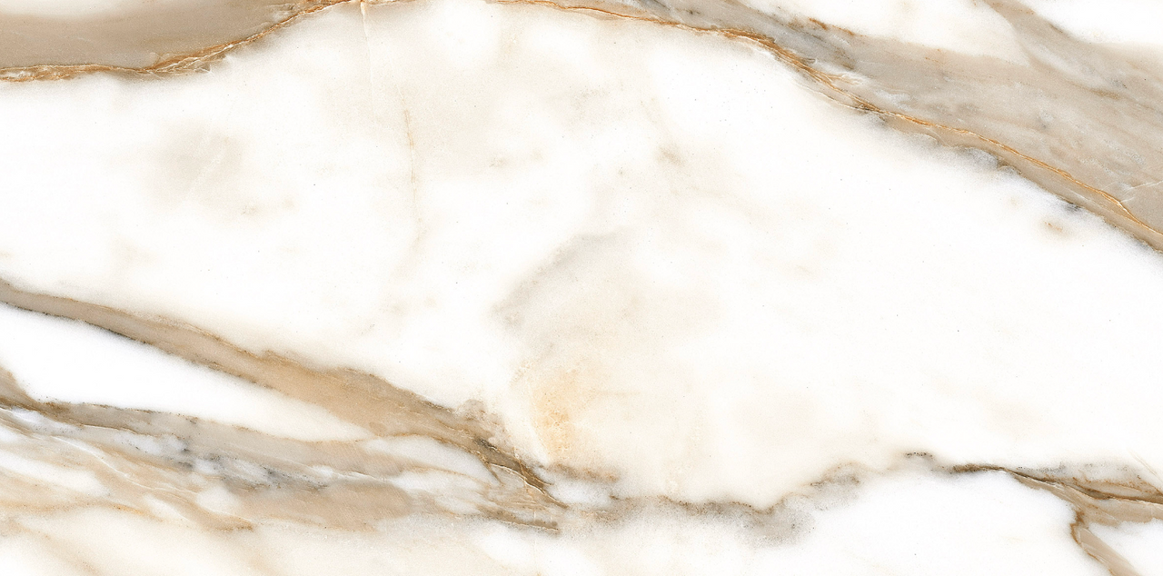 Close-up of Calcatta Gold Polished Porcelain Tile 60x120cm showing natural golden veining on glossy white surface.