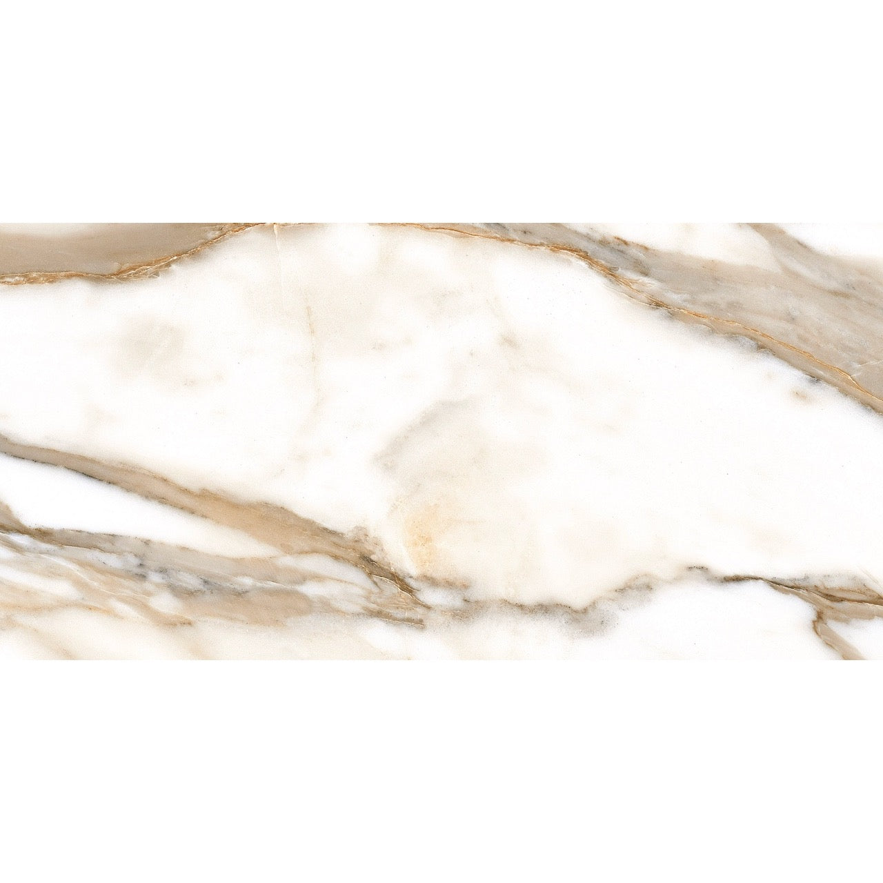Close-up of Calcatta Gold Polished Porcelain Tile 60x120cm showing natural golden veining on glossy white surface.