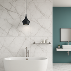Bathroom design using Calva White Gloss Porcelain Tiles (60x120cm) on walls and floor – white marble effect finish with soft grey veining and glossy surface.