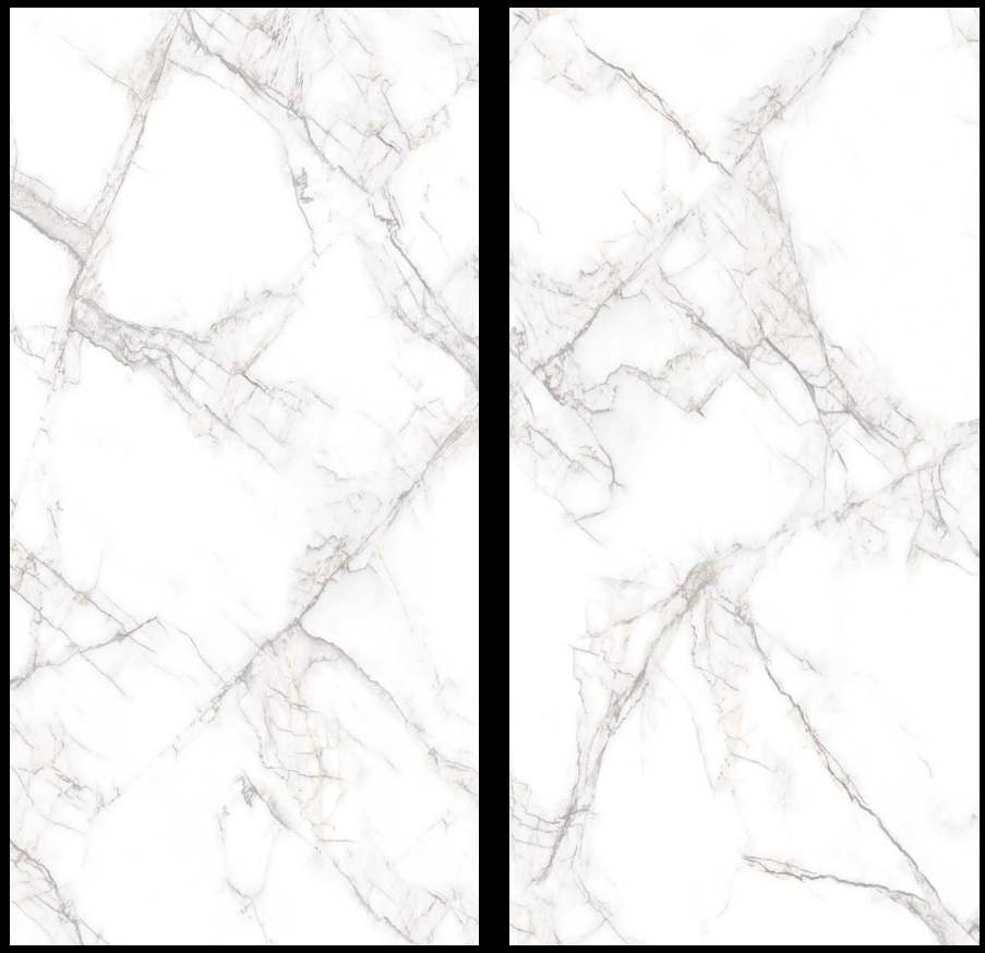 Calva White Gloss Porcelain Tile – 60x120cm face variations showing marble-effect white surface with fine grey veining and glossy finish.