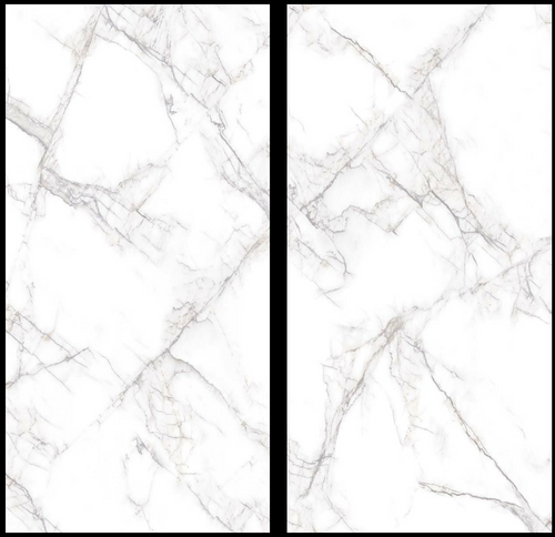 Calva White Gloss Porcelain Tile – 60x120cm face variations showing marble-effect white surface with fine grey veining and glossy finish.