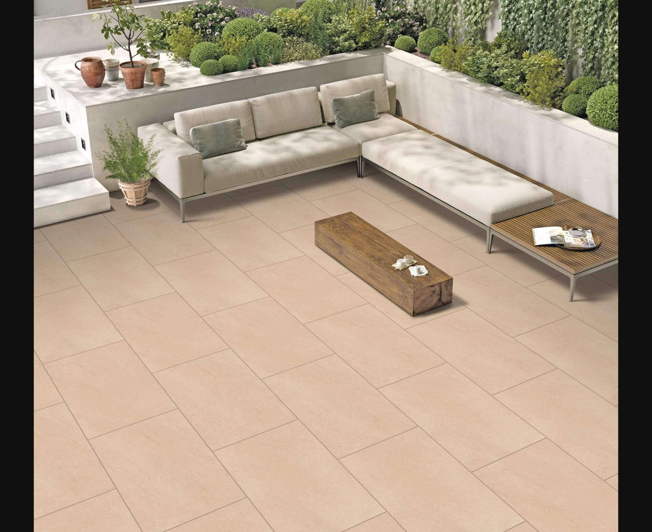 Warm cream traditional outdoor porcelain paving tiles 900x600mm in classic garden