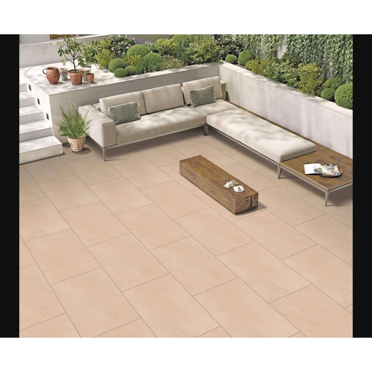 Warm cream traditional outdoor porcelain paving tiles 900x600mm in classic garden