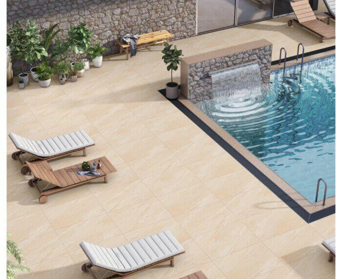Canterbury beige natural stone effect outdoor porcelain paving tiles 900x600mm