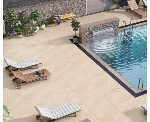 Canterbury beige natural stone effect outdoor porcelain paving tiles 900x600mm