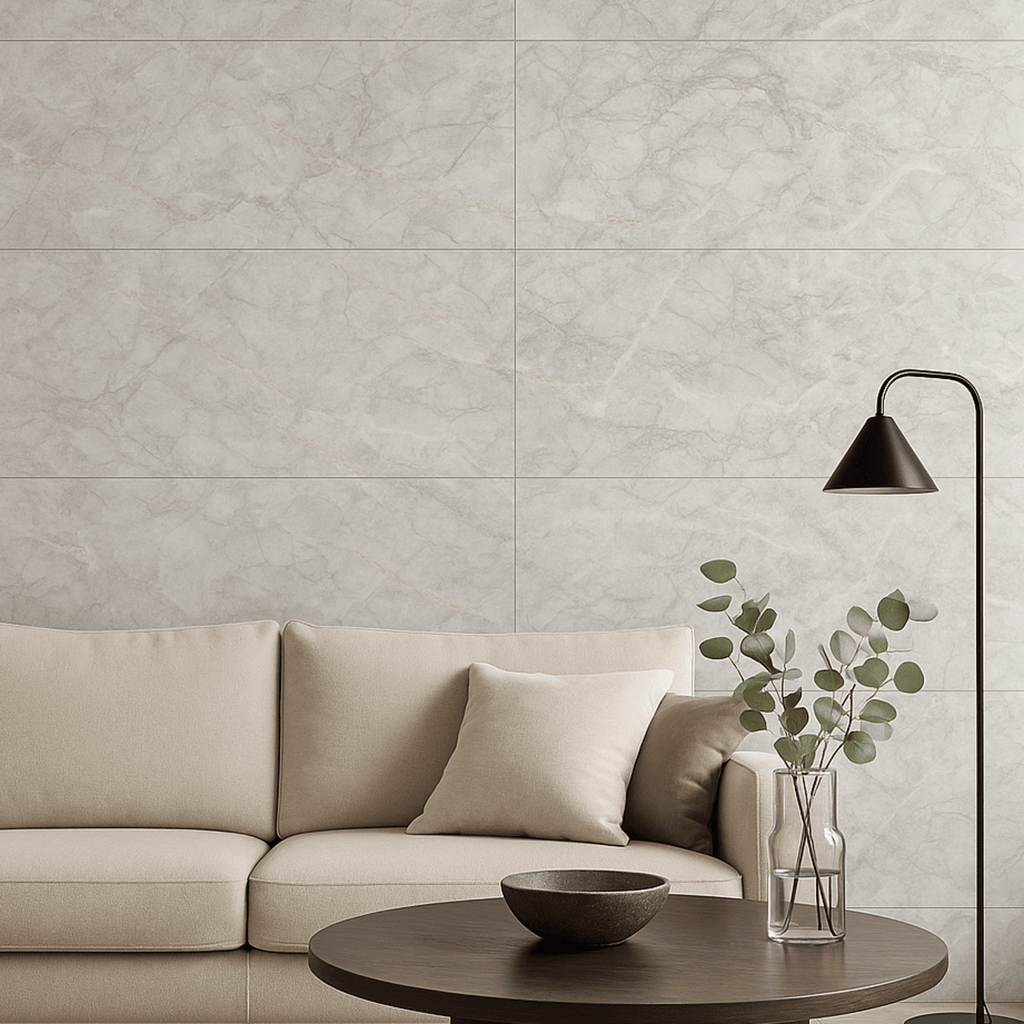 Living room interior featuring Celeste Grey Endless Marble Gloss Tiles on the wall, styled with a neutral beige sofa, black floor lamp, and round wooden coffee table with minimalist decor.