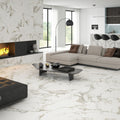 Spacious modern living room with Como White Satin-finish tiles used on floor, showing smooth surface and subtle veining.