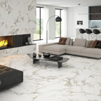 Spacious modern living room with Como White Satin-finish tiles used on floor, showing smooth surface and subtle veining.