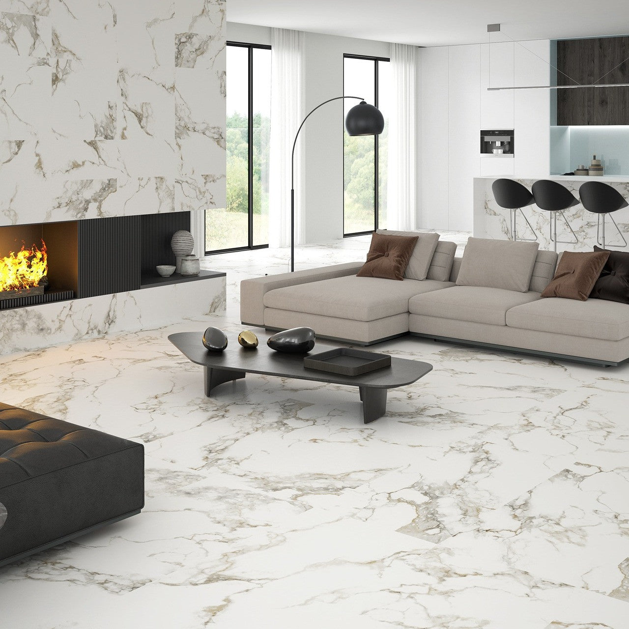 Spacious modern living room with Como White Satin-finish tiles used on floor, showing smooth surface and subtle veining.