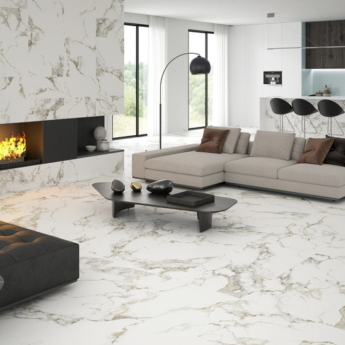 Spacious modern living room with Como White Satin-finish tiles used on floor, showing smooth surface and subtle veining.