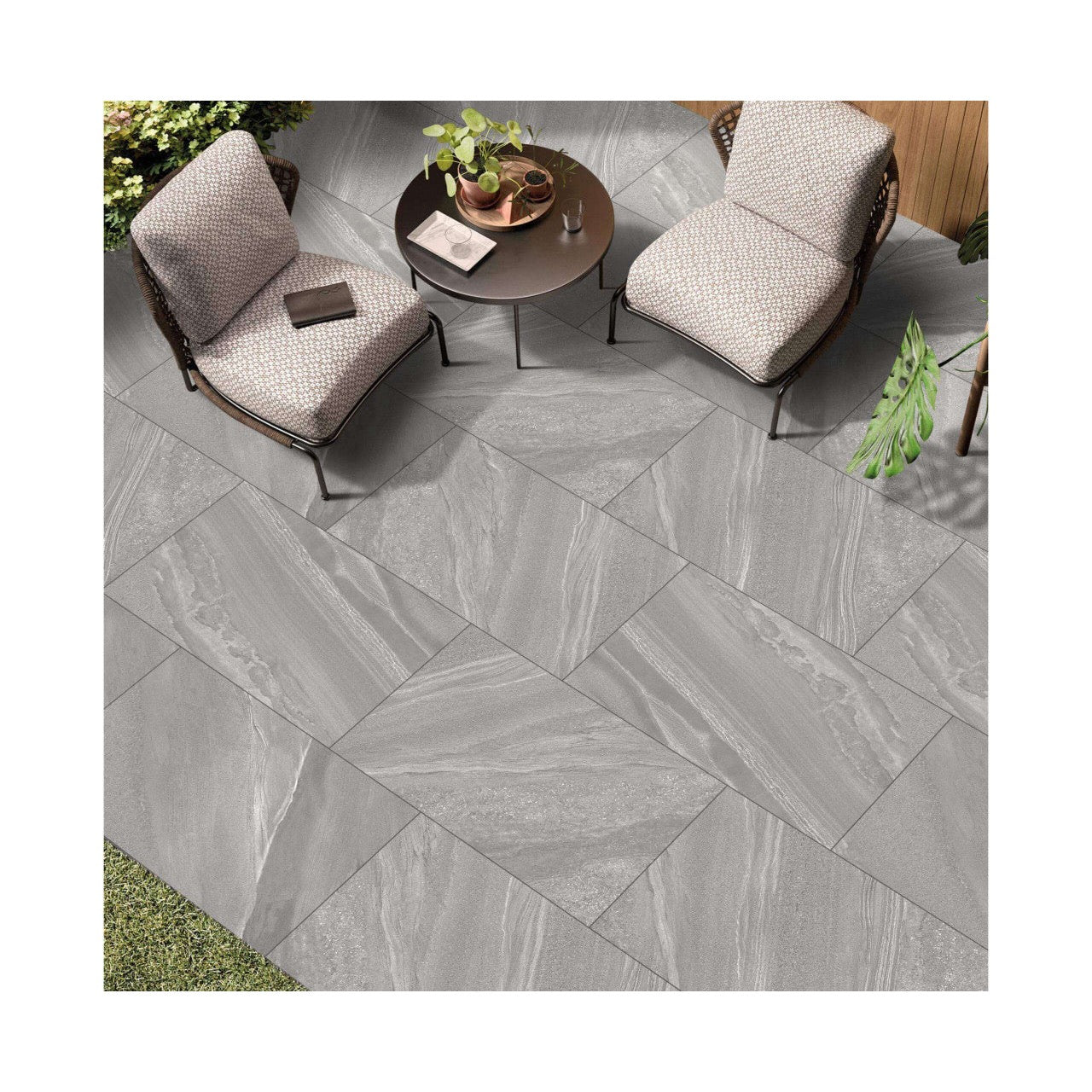 Mid-grey stone effect outdoor porcelain paving tiles 900x600mm in UK garden