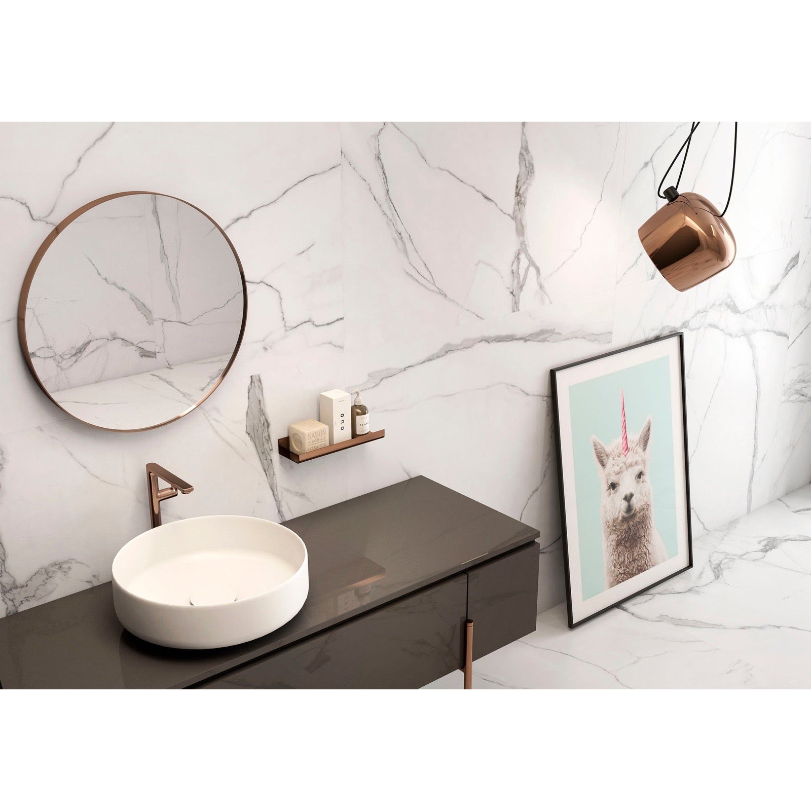 Delta White Polished Marble-Effect Porcelain Tile