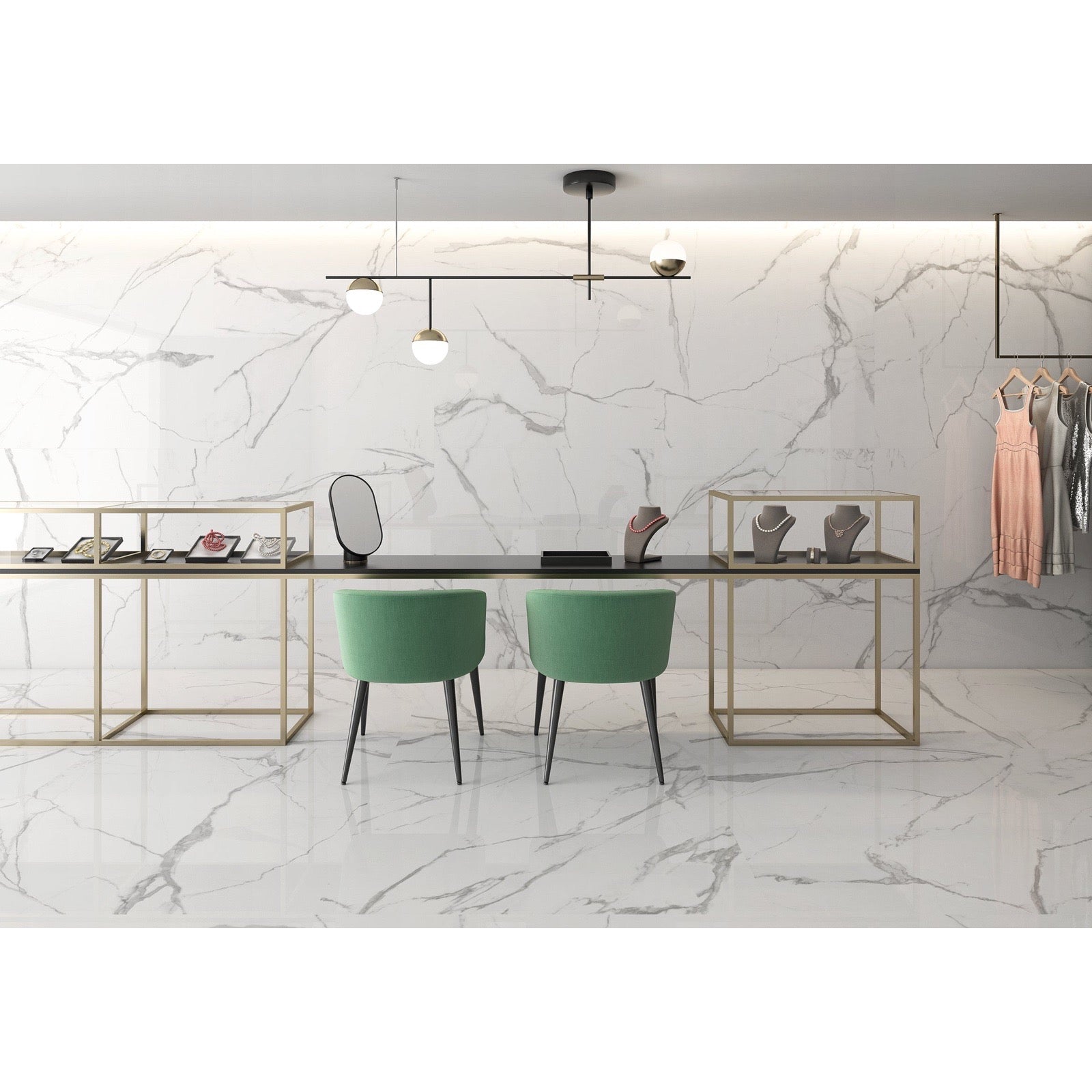 Delta White Polished Marble-Effect Porcelain Tile