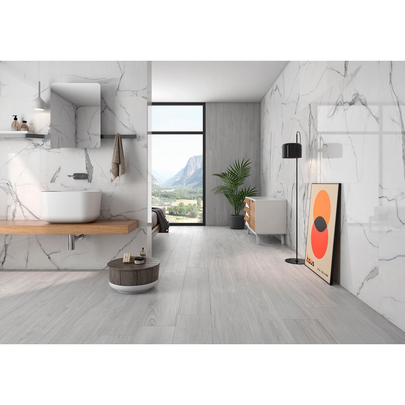 Delta White Polished Marble-Effect Porcelain Tile