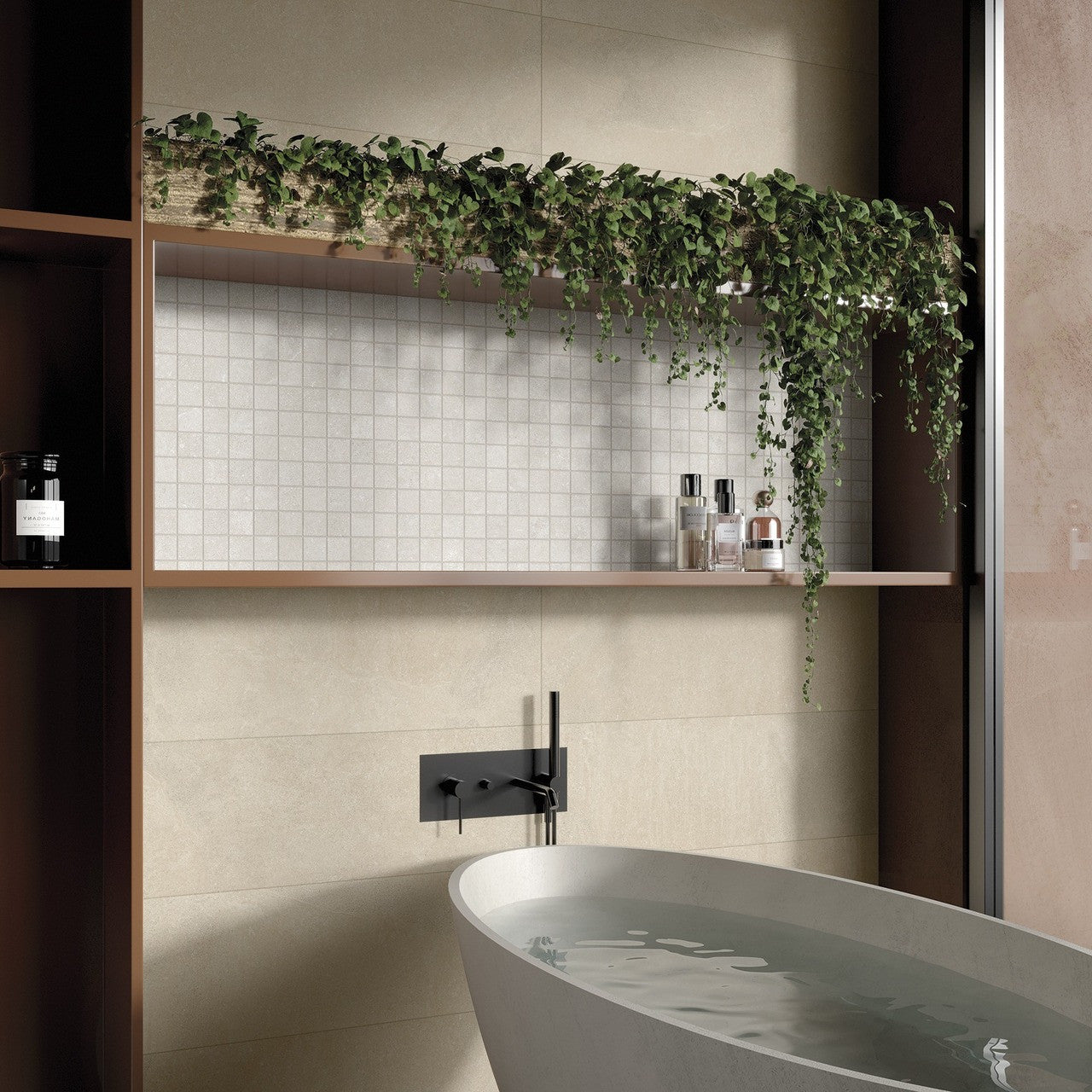 Close-up of Earth Beige tile in a spa-style bathroom with soft lighting and minimalist black fixtures.
