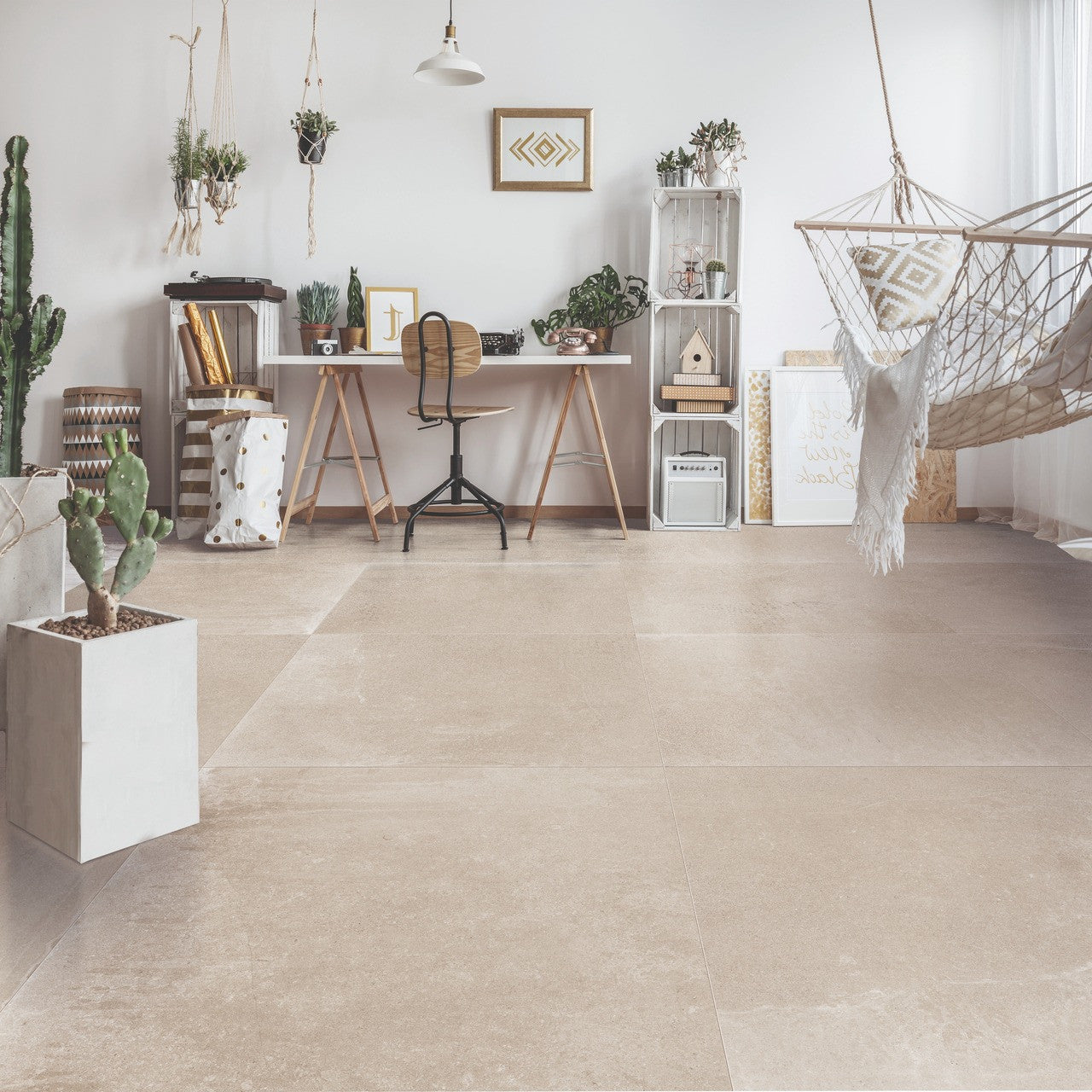 Bohemian-style home office with Earth Beige tile flooring complementing warm wood and neutral decor.
