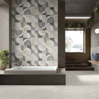 Bathroom close-up showcasing Earth White Tile paired with mosaic feature wall and greenery