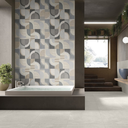 Bathroom close-up showcasing Earth White Tile paired with mosaic feature wall and greenery