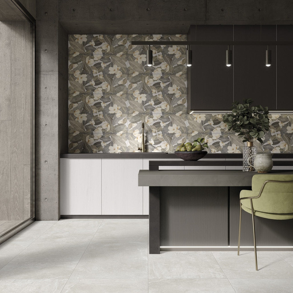 Earth White Stone-effect Tile used in a kitchen setting with patterned wall decor