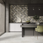Earth White Stone-effect Tile used in a kitchen setting with patterned wall decor