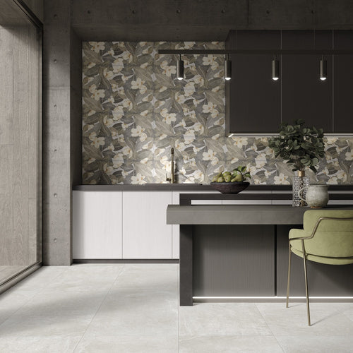 Earth White Stone-effect Tile used in a kitchen setting with patterned wall decor