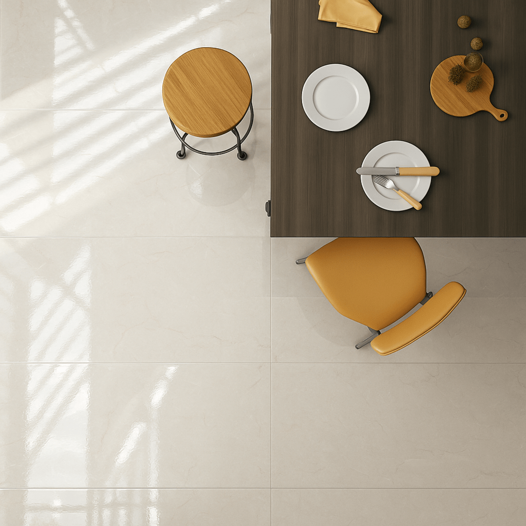 Elegant dining space featuring Eden Ivory Marble Gloss Tiles with a soft polished finish under natural light.