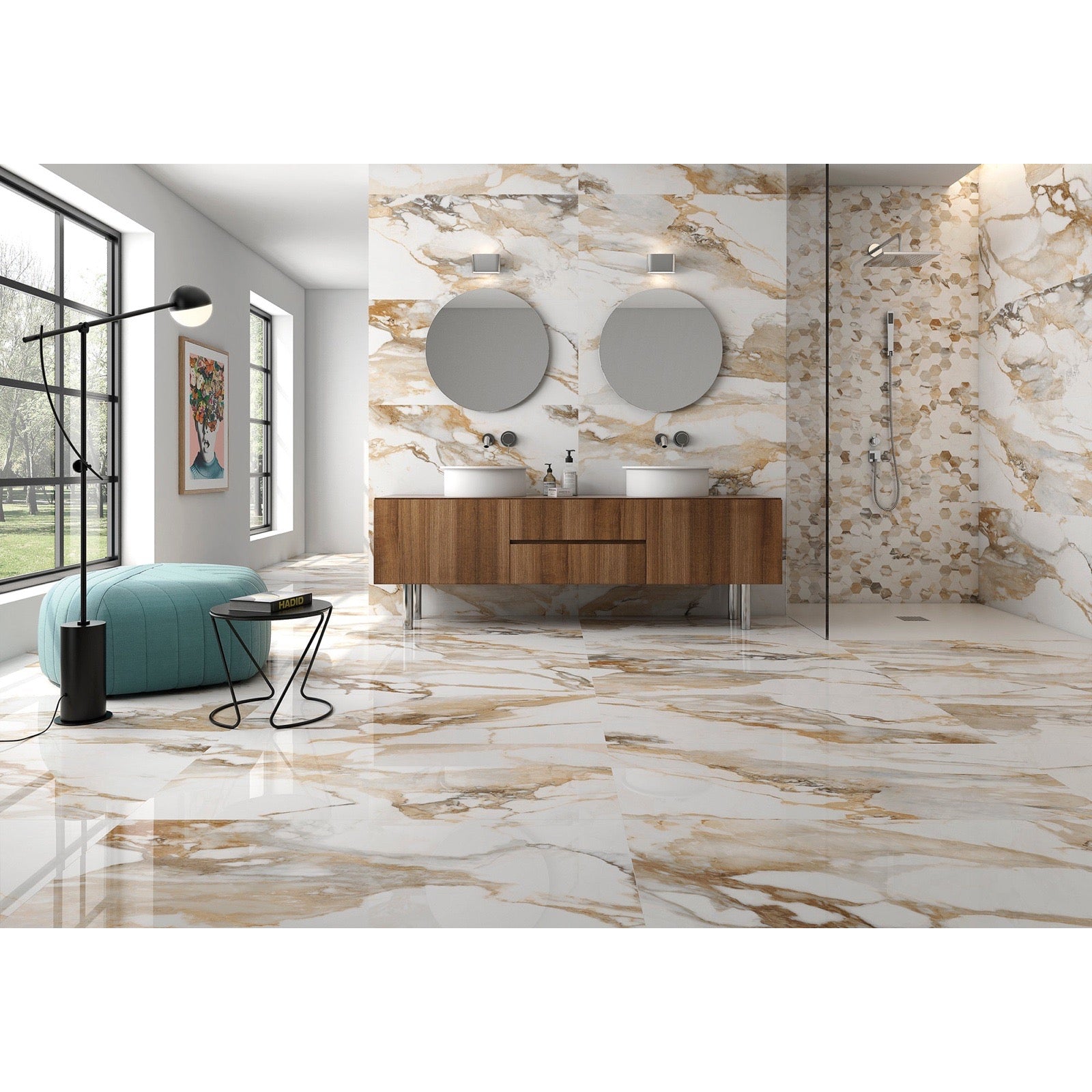 Fresco Beige Polished Marble-Effect Porcelain Tile