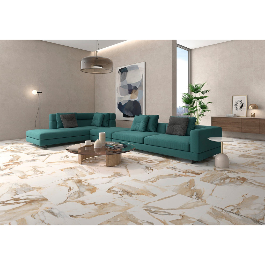 Fresco Beige Polished Marble-Effect Porcelain Tile