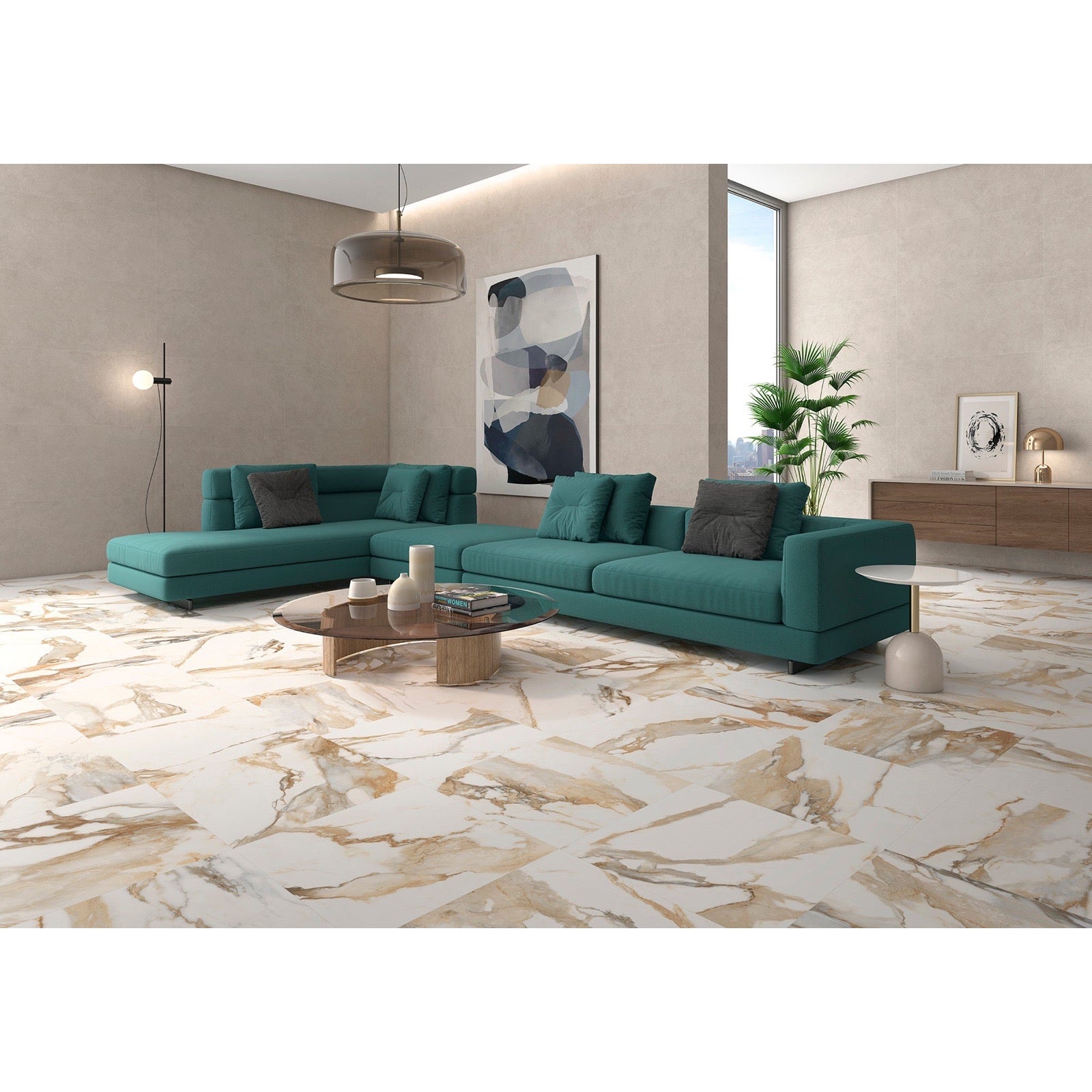 Fresco Beige Polished Marble-Effect Porcelain Tile