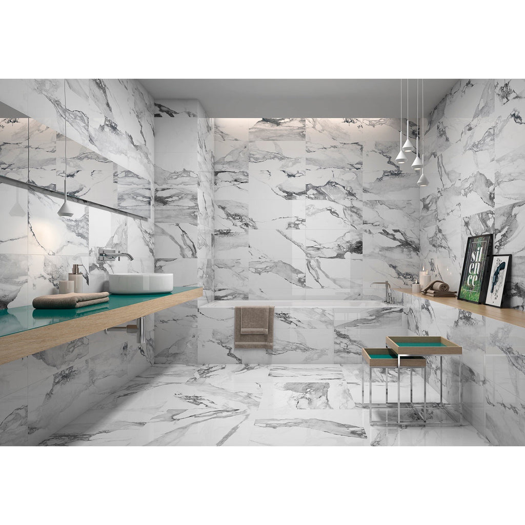 Fresco White Polished Marble-Effect Porcelain Tile