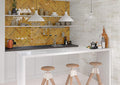 Modern bathroom featuring Urban Yellow Glossy Metro Wall Tiles in a vertical layout, highlighting warm golden tones and a reflective high-gloss finish.