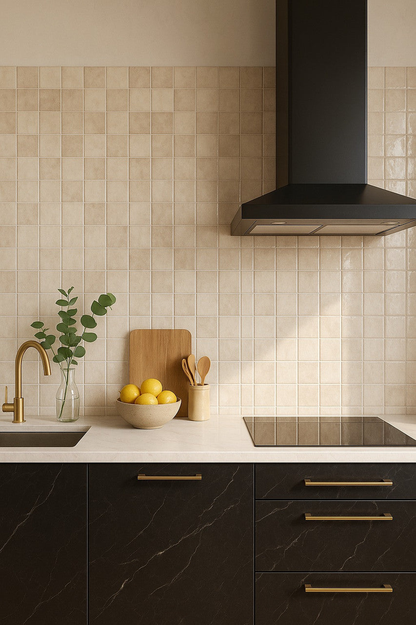 Modern kitchen interior featuring Pixel Beige Glossy Square Wall Tiles as a stylish splashback, paired with black cabinets and gold accents.