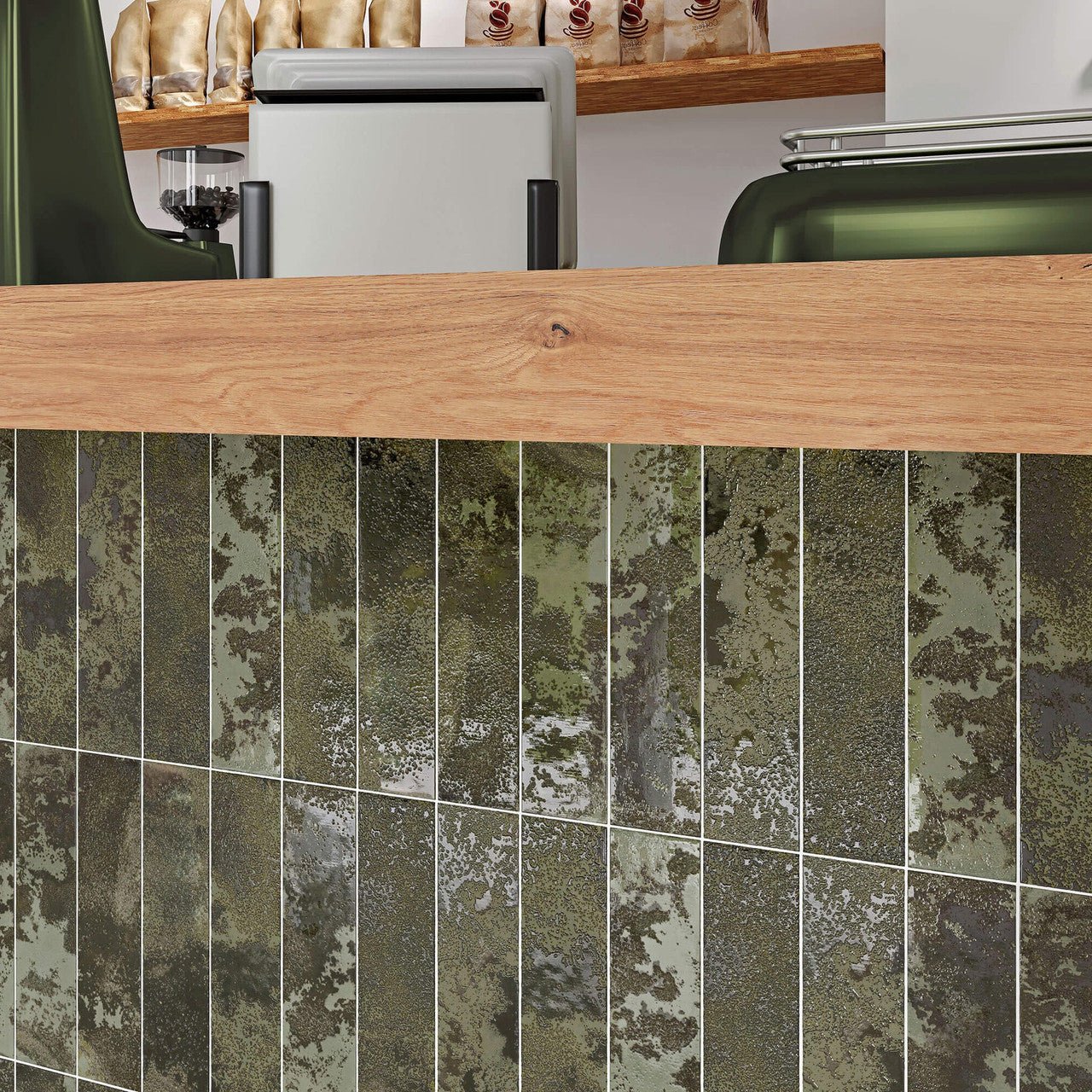 Vertical stacked installation of Oceania Green Tiles used as a bar or café counter front with natural oak accent.