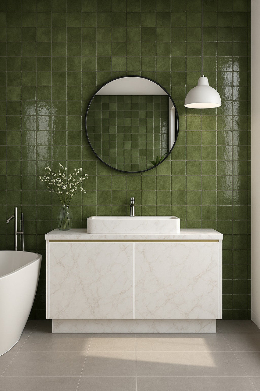 Modern bathroom featuring Pixel Green Glossy Square Wall Tiles as a feature wall behind a marble vanity unit, with a round black mirror and minimalist pendant light.