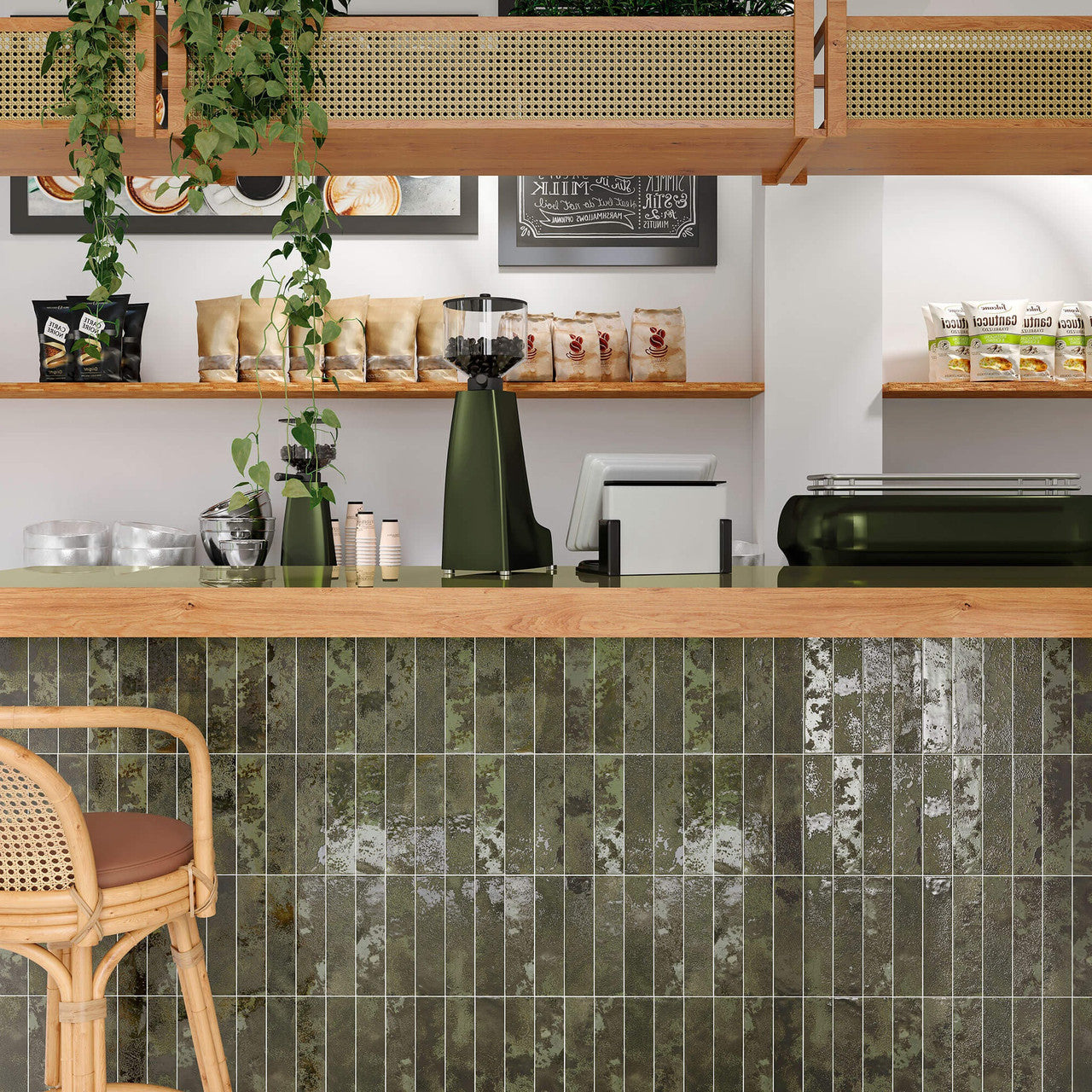 Contemporary coffee shop counter clad with Oceania Green Textured Metro Tiles, highlighting their natural gloss and handcrafted feel.