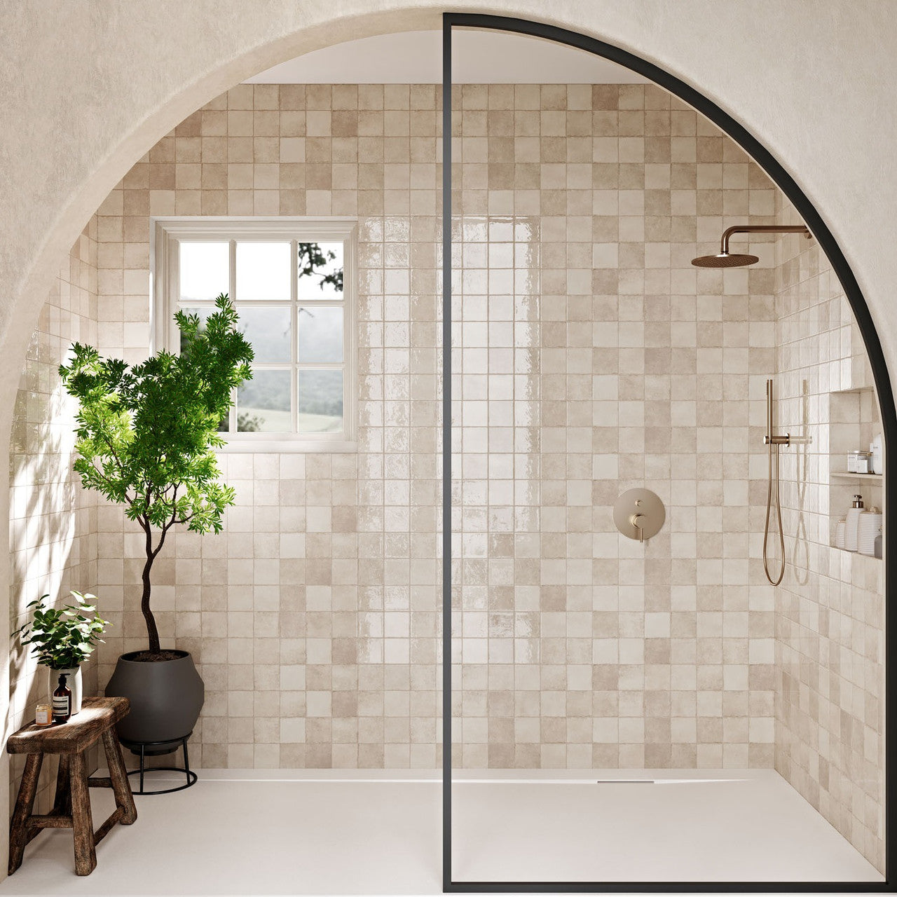 Elegant bathroom with Pixel Beige Glossy Square Wall Tiles covering walls and walk-in shower area, creating a warm, rustic atmosphere.