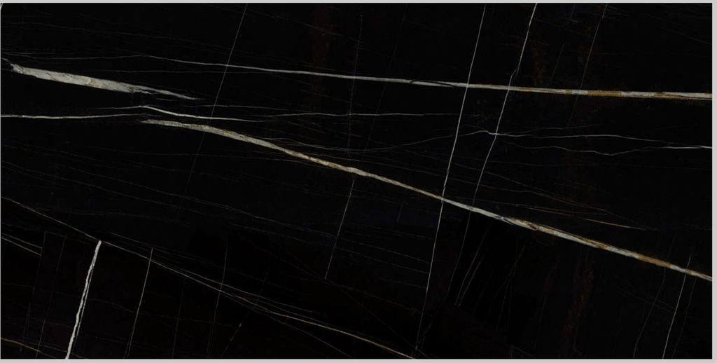 Detailed view of the Imperial Black Marble Effect Tile showcasing its rich black base and intricate high-gloss veining in white and golden tones.