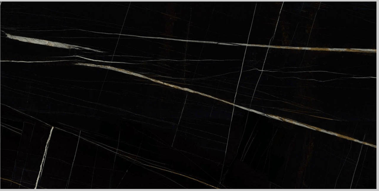 Detailed view of the Imperial Black Marble Effect Tile showcasing its rich black base and intricate high-gloss veining in white and golden tones.