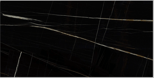 Detailed view of the Imperial Black Marble Effect Tile showcasing its rich black base and intricate high-gloss veining in white and golden tones.