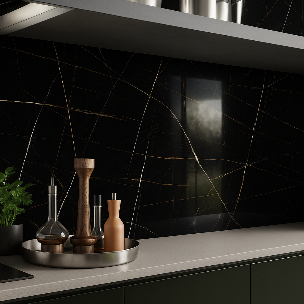 Luxurious kitchen splashback featuring Imperial Black Marble Effect High Gloss Tiles with striking gold and white veining for a dramatic, contemporary finish.