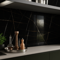 Luxurious kitchen splashback featuring Imperial Black Marble Effect High Gloss Tiles with striking gold and white veining for a dramatic, contemporary finish.