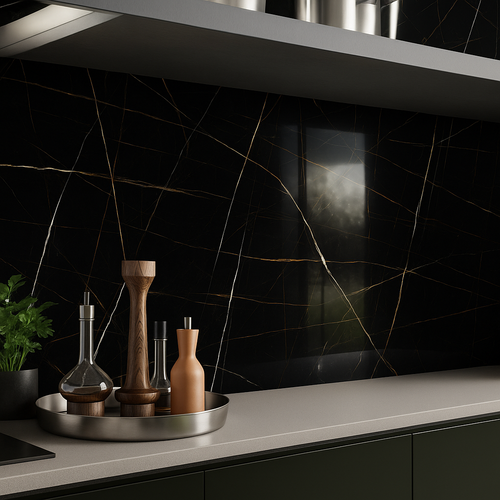 Luxurious kitchen splashback featuring Imperial Black Marble Effect High Gloss Tiles with striking gold and white veining for a dramatic, contemporary finish.