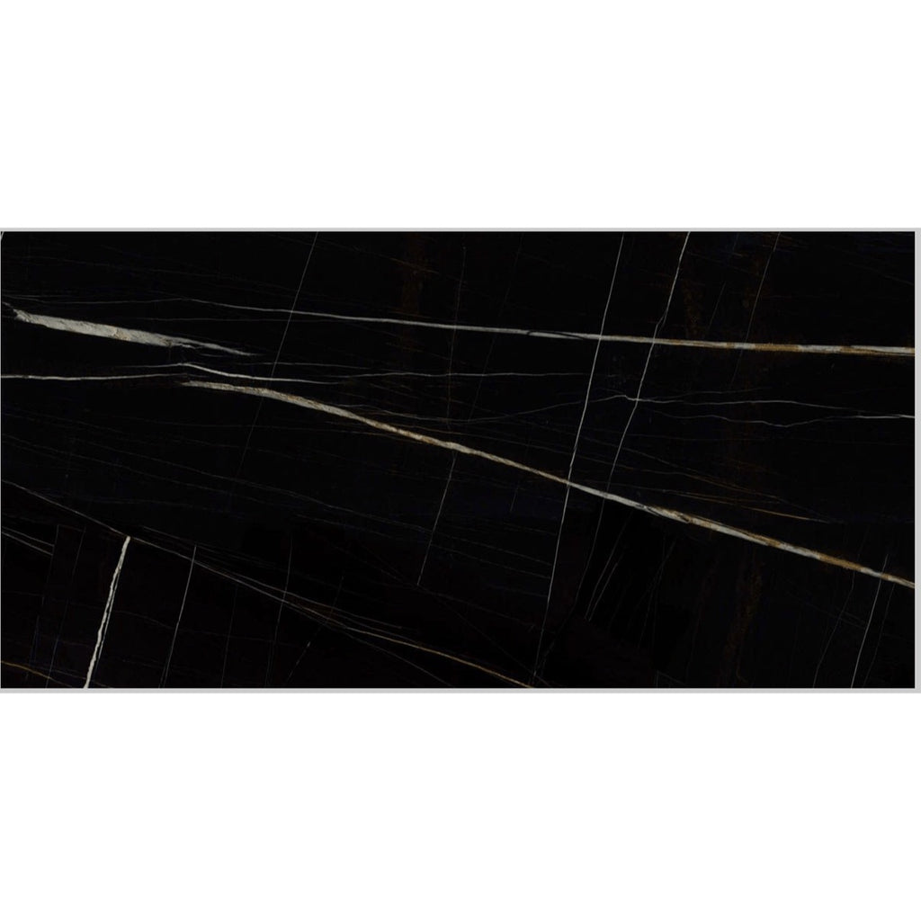 Detailed view of the Imperial Black Marble Effect Tile showcasing its rich black base and intricate high-gloss veining in white and golden tones.